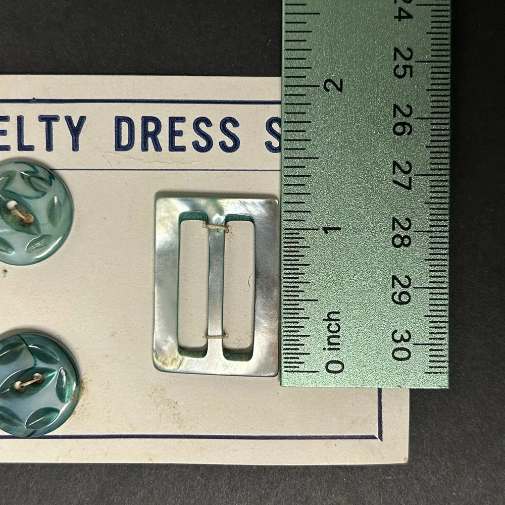 Vintage Novelty Dress Set Teal Shell Buttons and Buckle Set on Original Card